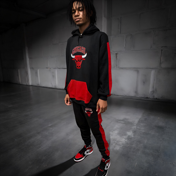 •CHICAGO 23• (BLACK-RED) CUT & SEW HOODED SWEATSUITS (PATCH WORK & EMBROIDERY)