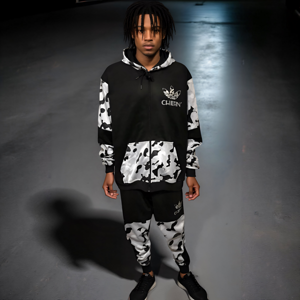 •CHIEFIN’ ADI-FEATHER• (WHITE CAMOUFLAGE) LUXURY HOODED ZIP UP TRACKSUITS (CUT & SEW)