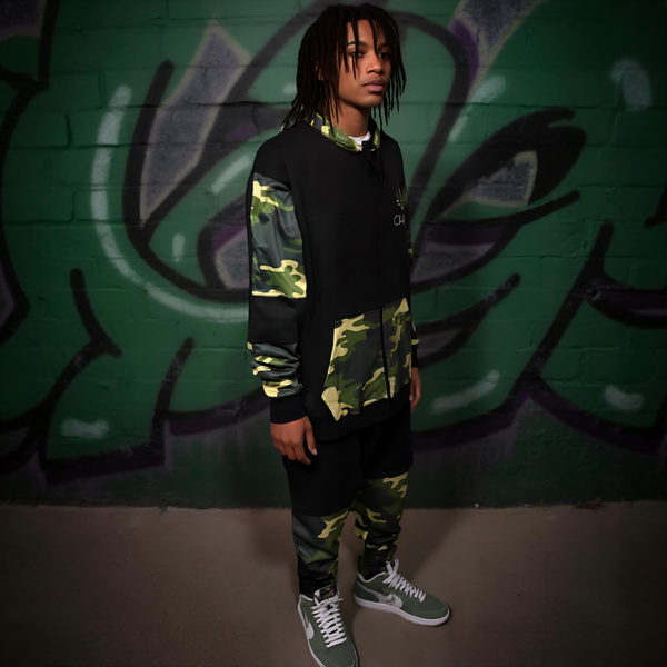 •CHIEFIN’ ADI-FEATHER• (GREEN CAMOUFLAGE) LUX HOODED ZIP UP TRACKSUITS (CUT & SEW)