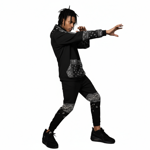•OUTFIT KINGS• LUXURY BLACK BANDANA JOGGER SWEATSUITS (CUT & SEW COLLECTION)