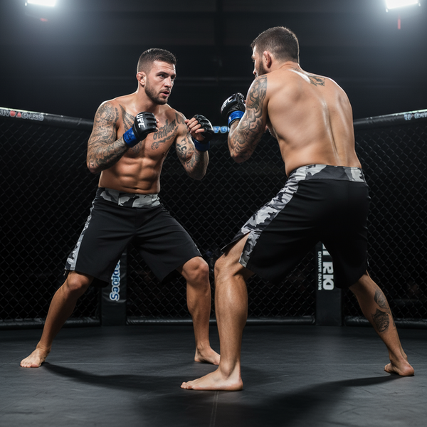 ^GRAPPLING FIGHT SHORTS^ (BLACK-CAMO) ~HOOK & LOOP WAIST CLOSURE~