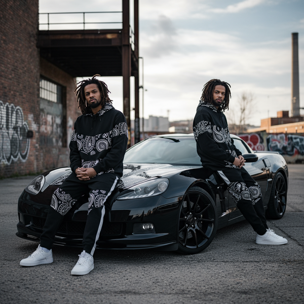•OUTFIT KINGS• LUXURY BLACK BANDANA JOGGER SWEATSUITS (CUT & SEW COLLECTION)