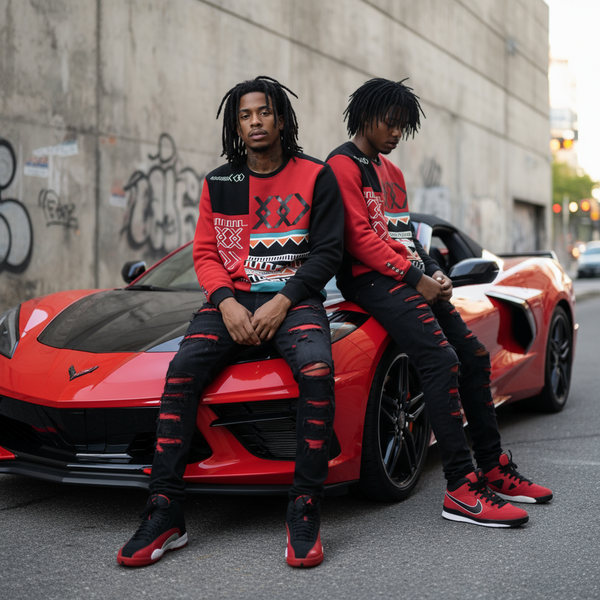 *KOODOO* (RED-MULTI) •LUXURY CREWNECK SWEATSHIRTS• (EMBROIDERY)