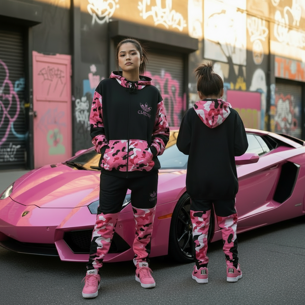 •CHIEFIN’ ADI-FEATHER• (PINK CAMOUFLAGE) HOODED ZIP UP TRACKSUITS (CUT & SEW)
