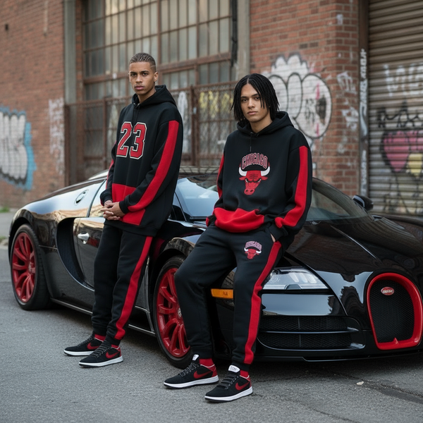 •CHICAGO 23• (BLACK-RED) CUT & SEW HOODED SWEATSUITS (PATCH WORK & EMBROIDERY)
