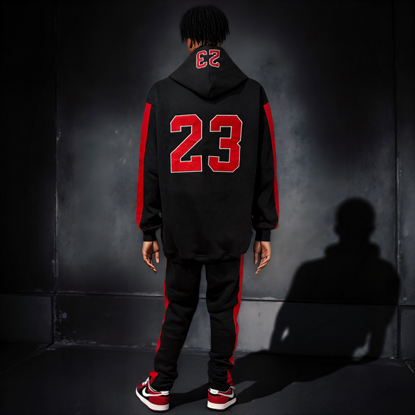 •CHICAGO 23• (BLACK-RED) CUT & SEW HOODED SWEATSUITS (PATCH WORK & EMBROIDERY)