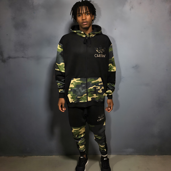 •CHIEFIN’ ADI-FEATHER• (GREEN CAMOUFLAGE) LUX HOODED ZIP UP TRACKSUITS (CUT & SEW)