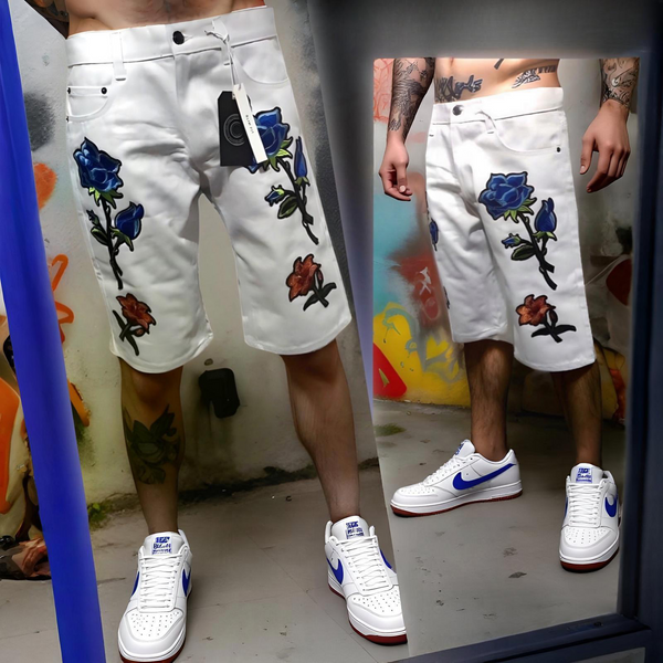 ^MAXI MILIAN^ (WHITE) ~FLORAL~ DENIM SHORTS (SLIM FIT) (EMBROIDERED)
