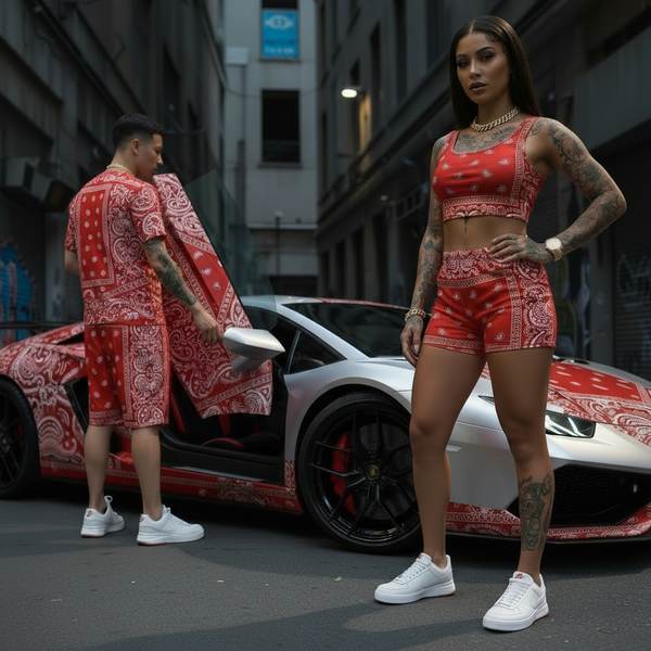 *RED BANDANA* ~Activewear summer shorts~ (Front pockets & drawstring closure)