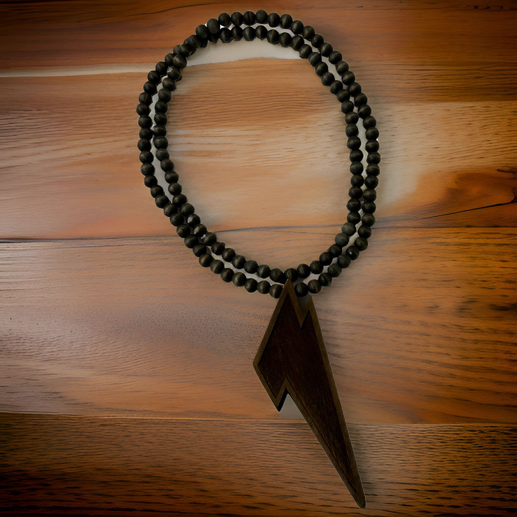 WOOD BEADED NECKLACE & PENDANT SET *LIGHTNING BOLT* (BROWN)