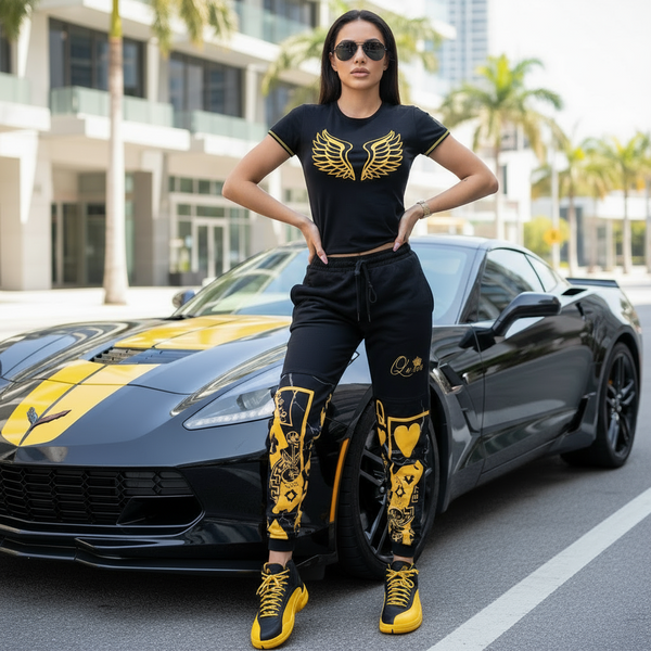 •QUEEN OF HEARTS• LUXURY *GOLD* JOGGER SWEATPANTS (CUT & SEW) (EMBROIDERED LOGO)