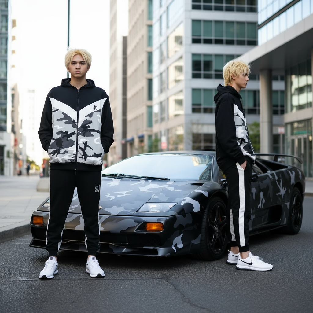 •SEAN JOHN• (CAMOUFLAGE) POLYESTER HOODED ZIP UP TRACKSUITS (XB SIZED)