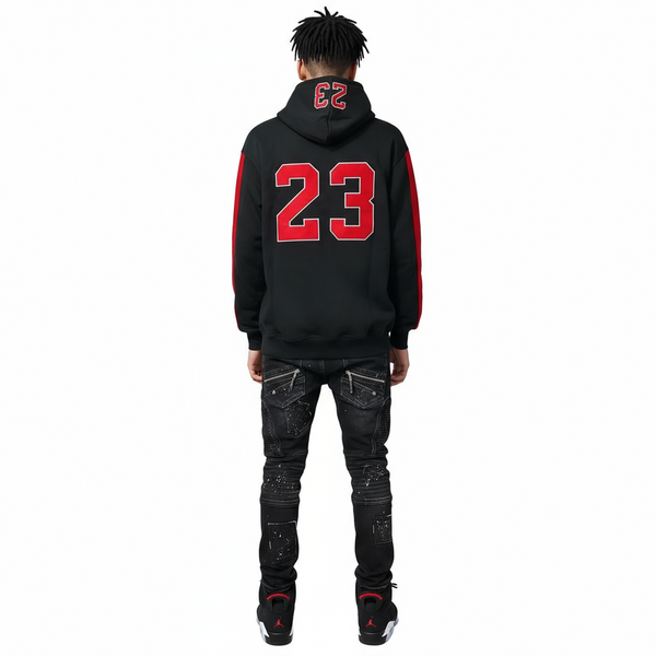 •CHICAGO 23• (BLACK-RED) PULLOVER HOODIES (EMBROIDERED)