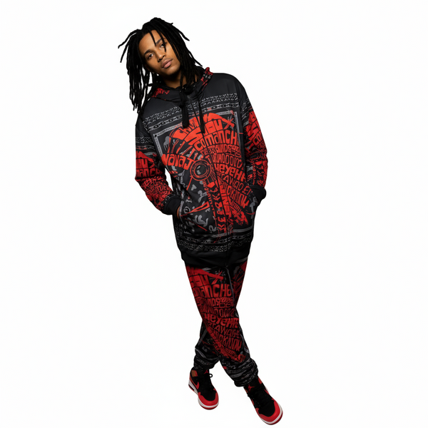 •TRIBE VIBES• (RED-GREY-BLACK) FULL HOODED PULLOVER SWEATSUITS