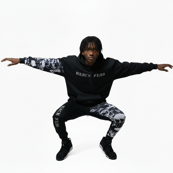 ^BLACK FLAG^ (BLACK) ~CREW POSSE~ EMBROIDERED HOODED JOGGER SWEATSUITS(CUT & SEW)
