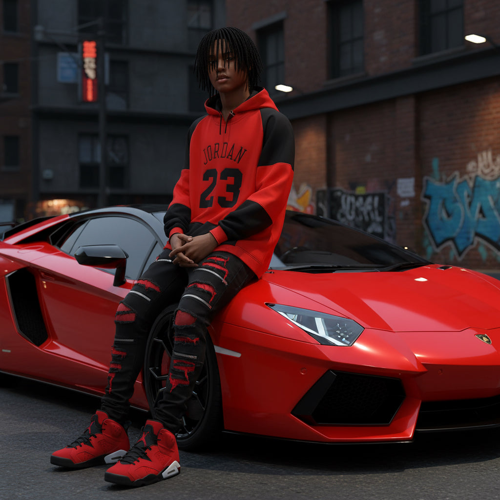 •JORDAN 23• (RED-BLACK) CUT & SEW / EMBROIDERED LUXURY CUSTOM HOODIES