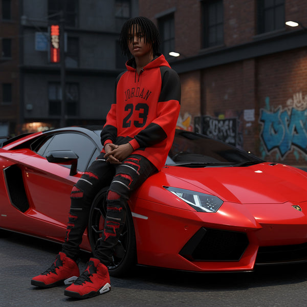 •JORDAN 23• (RED-BLACK) CUT & SEW / EMBROIDERED LUXURY CUSTOM HOODIES