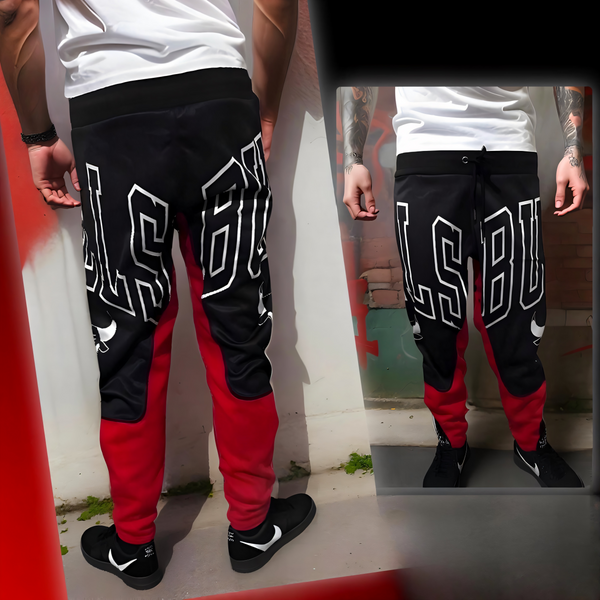 ^BULLS^ *CUT & SEW* LUXURY JOGGER SWEATPANTS (BLACK-RED)