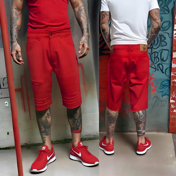 ^AKADEMIKS^ (RED) RIPPED DENIM SHORTS (WAIST 34")