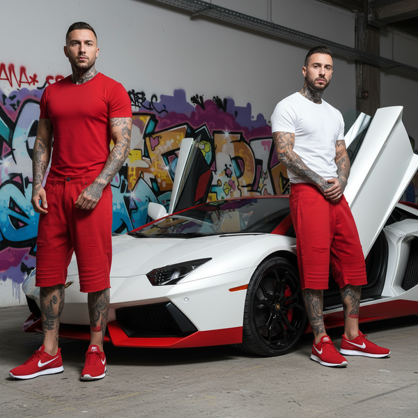 *AKADEMIKS* (RED) RIPPED DENIM SHORTS (WAIST 34")