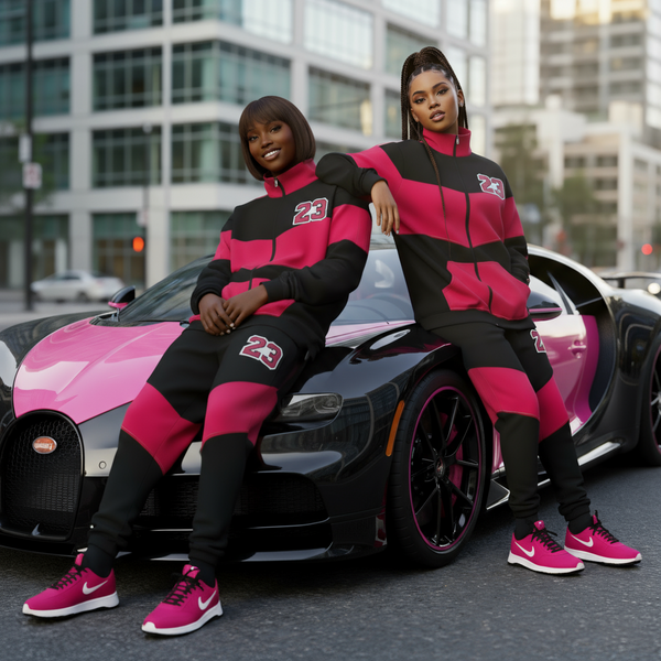 •23• (BLACK-HOT PINK) ZIP UP TRACKSUITS (CUT & SEW) (UNISEX)