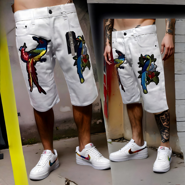 ^MAXI MILIAN^ (WHITE) ~BIRDS~ DENIM SHORTS (SLIM FIT) (EMBROIDERED)