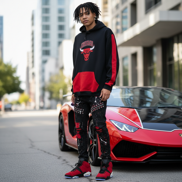•CHICAGO 23• (BLACK-RED) PULLOVER HOODIES (EMBROIDERED)