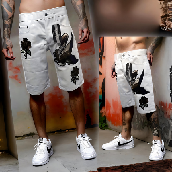 ^MAXI MILIAN^ (WHITE) ~BIRDS~ DENIM SHORTS (SLIM FIT) (EMBROIDERED)