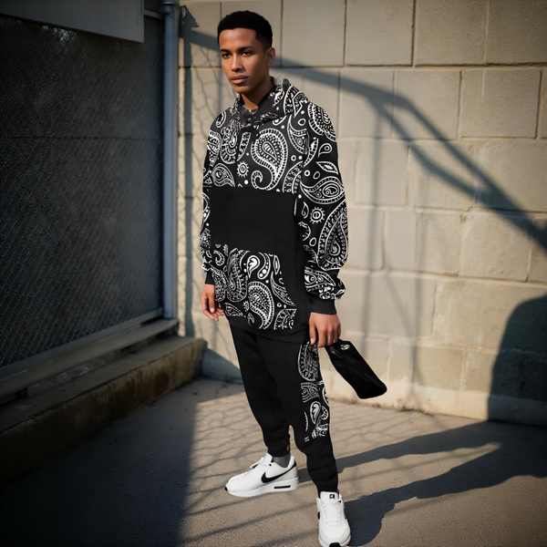 •OUTFIT KINGS• LUXURY BLACK BANDANA JOGGER SWEATSUITS (CUT & SEW COLLECTION)