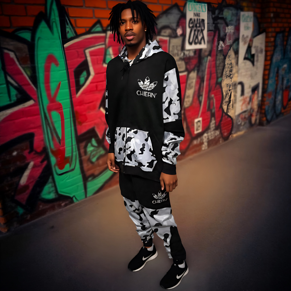 •CHIEFIN’ ADI-FEATHER• (WHITE CAMOUFLAGE) LUXURY HOODED ZIP UP TRACKSUITS (CUT & SEW)
