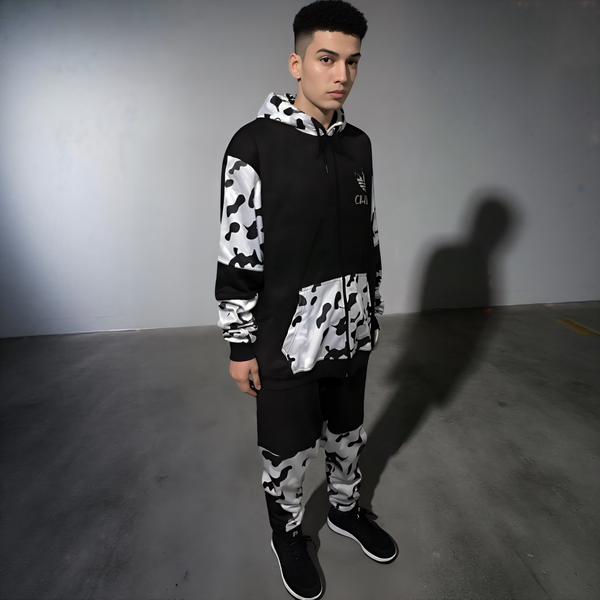 •CHIEFIN’ ADI-FEATHER• (WHITE CAMOUFLAGE) LUXURY HOODED ZIP UP TRACKSUITS (CUT & SEW)