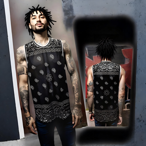 ^BLACK BANDANA^ (BLACK PAISLEY) MESH BASKETBALL JERSEYS (TALL BODY)