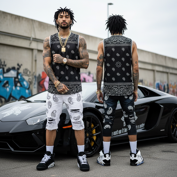 *BLACK BANDANA* (BLACK PAISLEY) MESH BASKETBALL JERSEYS (TALL BODY)