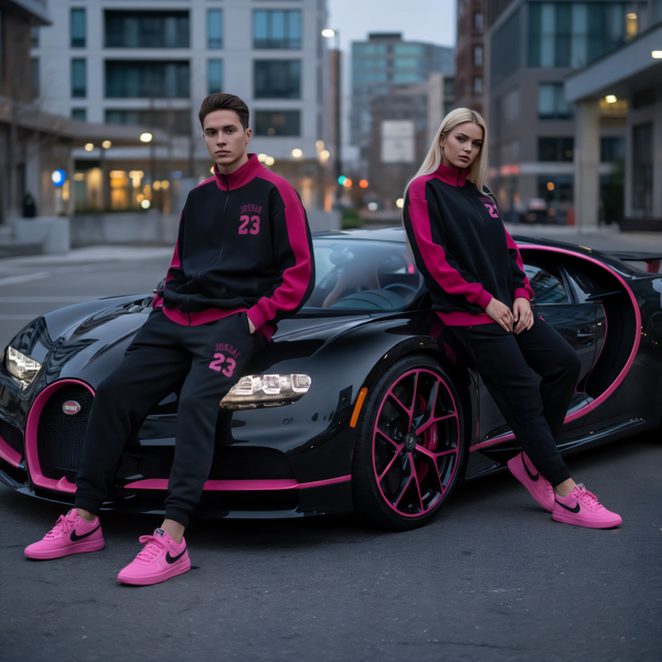 *23* (BLACK-HOT PINK) (REMIX) JOGGER TRACK SUITS (CUT & SEW) (UNISEX)
