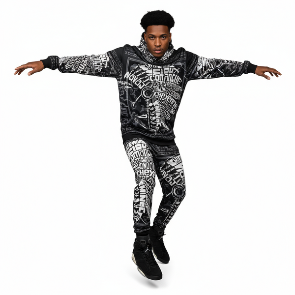 •TRIBE VIBES• (BLACK-WHITE-GREY) FULL HOODED JOGGER SWEATSUITS
