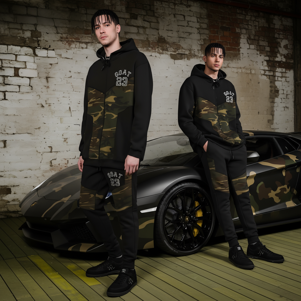 •23 GOAT• CAMOUFLAGE LUXURY ZIP UP SWEATSUITS (CUT & SEW) (EMBROIDERED LOGOS)