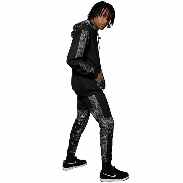 •OUTFIT KINGS• LUXURY BLACK BANDANA JOGGER SWEATSUITS (CUT & SEW COLLECTION)