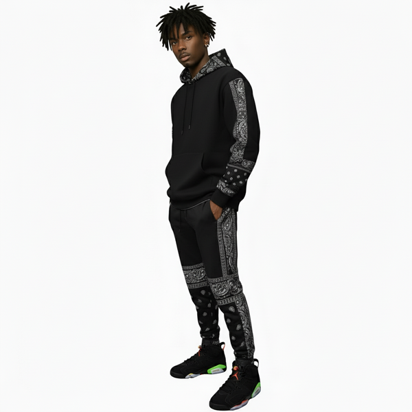 •OUTFIT KINGS• LUXURY BLACK BANDANA JOGGER SWEATSUITS (CUT & SEW COLLECTION)