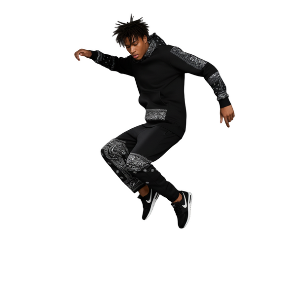 •OUTFIT KINGS• LUXURY BLACK BANDANA JOGGER SWEATSUITS (CUT & SEW COLLECTION)