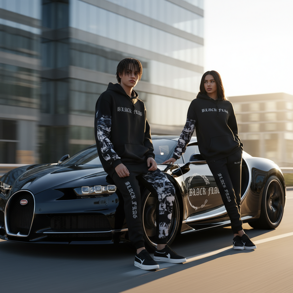^BLACK FLAG^ (BLACK) ~CREW POSSE~ EMBROIDERED HOODED JOGGER SWEATSUITS(CUT & SEW)