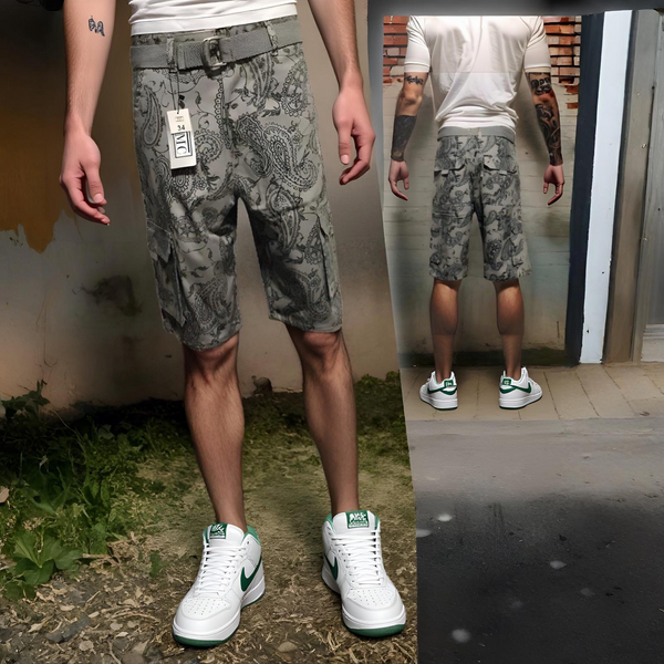^JMC^ BELTED GREY CARGO SHORTS WITH GREEN PAISLEY DESIGN