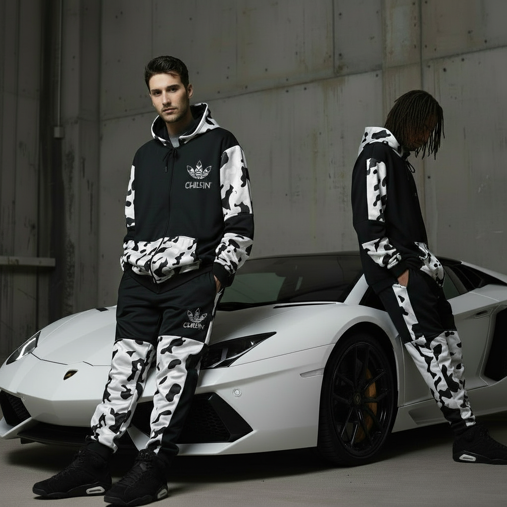 •CHIEFIN’ ADI-FEATHER• (WHITE CAMOUFLAGE) LUXURY HOODED ZIP UP TRACKSUITS (CUT & SEW)