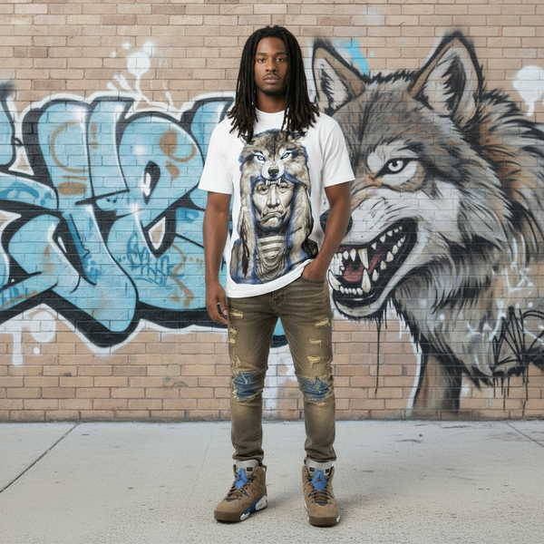 *<SC>* (WHITE) ~WOLF HEADDRESS~ JUMBO PRINT HEAVY COTTON TEES