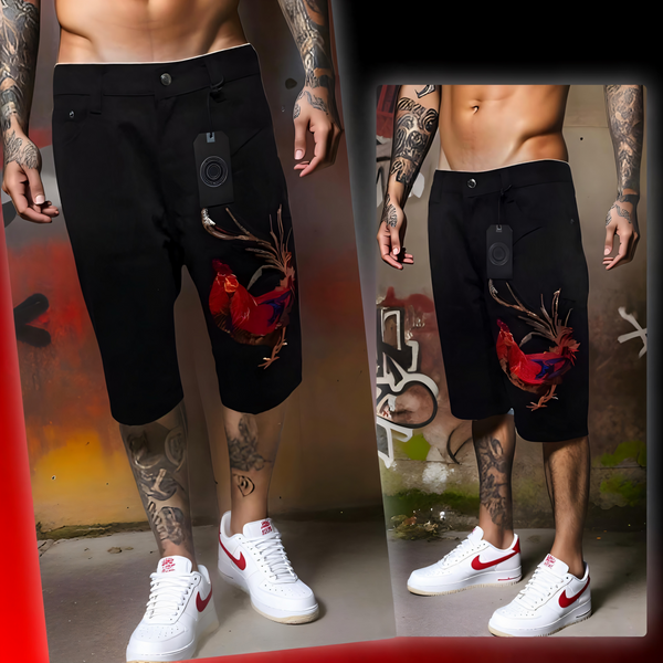 ^MAXI MILIAN^ (BLACK) ~ROOSTER~ DENIM SHORTS (SLIM FIT) (EMBROIDERED)