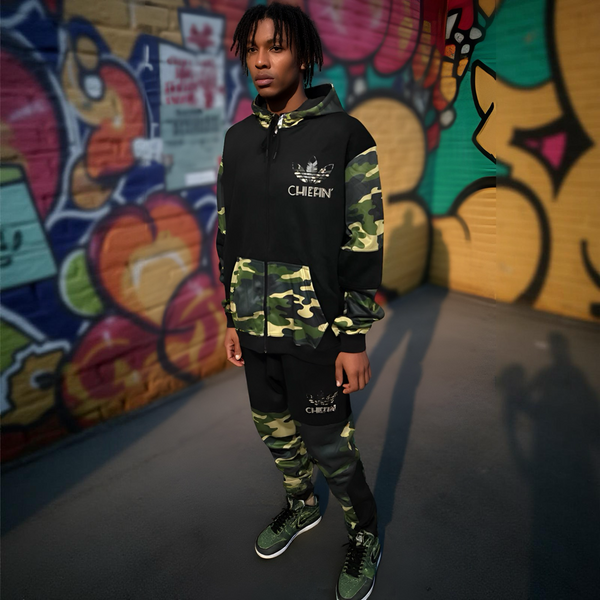 •CHIEFIN’ ADI-FEATHER• (GREEN CAMOUFLAGE) LUX HOODED ZIP UP TRACKSUITS (CUT & SEW)