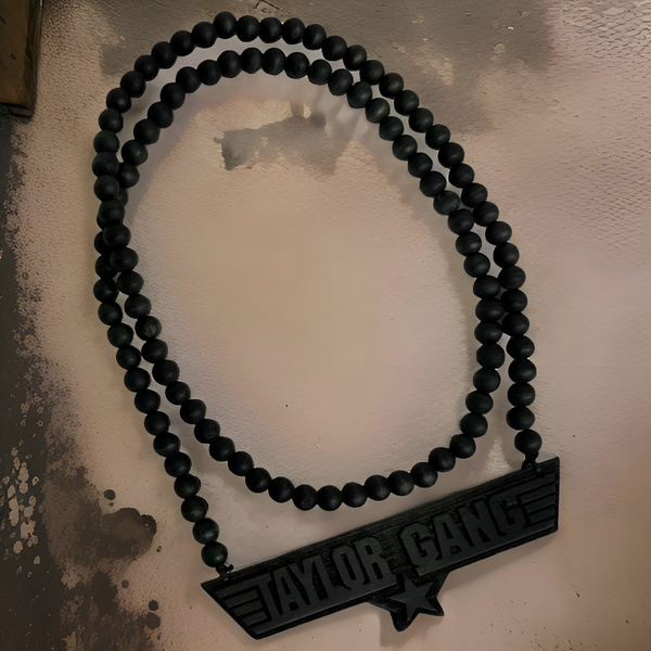 *<WOOD BEADED NECKLACE & PENDANT SET>* *TAYLOR GANG* (BLACK)