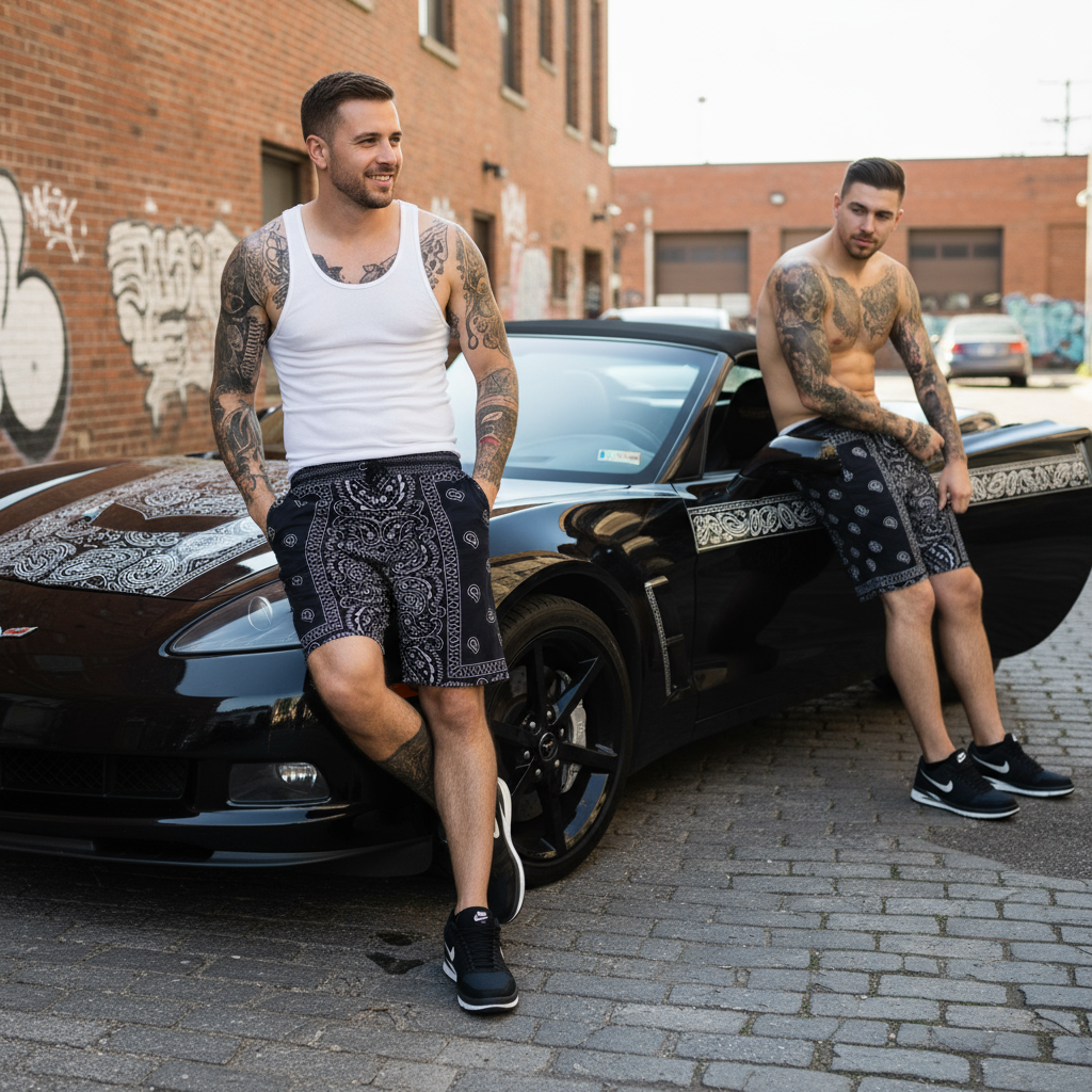 *OUTFIT KINGS* MESH SHORTS (LINED) ~BLACK-SILVER PAISLEY~ SUMMER ACTIVEWEAR (REVERSIBLE)
