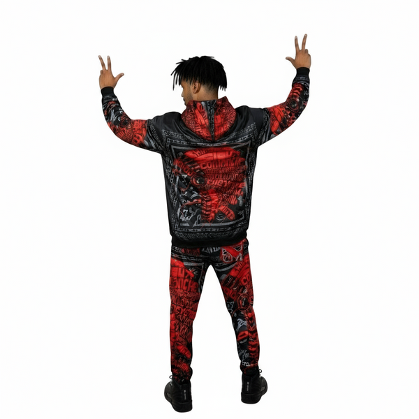 •TRIBE VIBES• (RED-GREY-BLACK) FULL HOODED PULLOVER SWEATSUITS