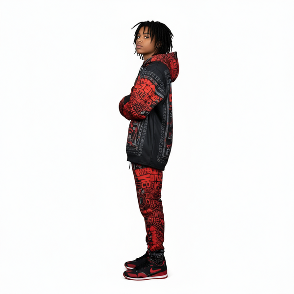 •TRIBE VIBES• (RED-GREY-BLACK) FULL HOODED PULLOVER SWEATSUITS