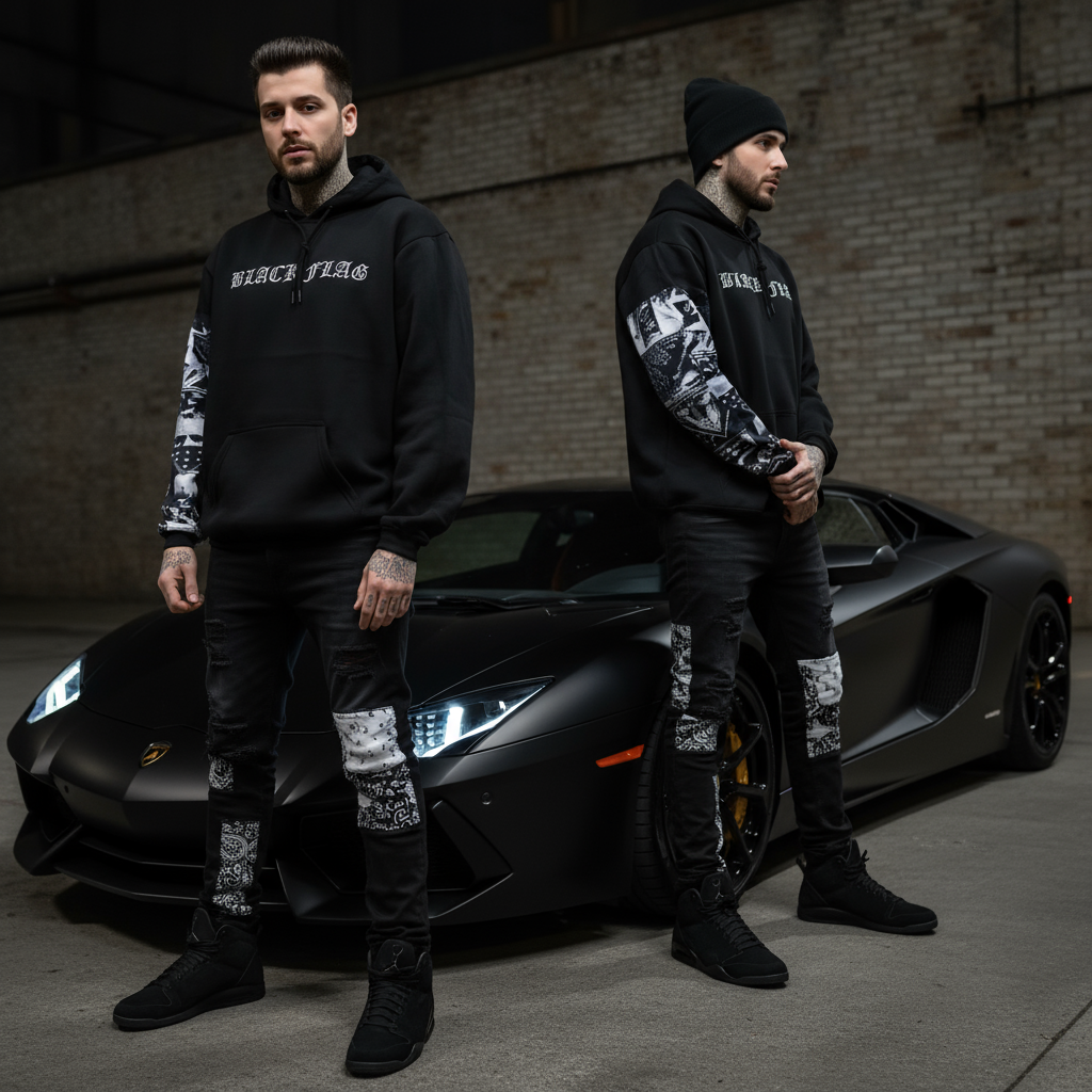 *BLACK FLAG* (BLACK) ~CREW POSSE~ EMBROIDERED PULLOVER HOODIES